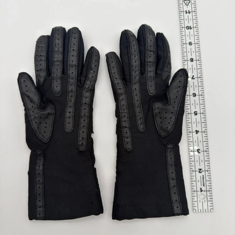 Vintage Isotoner Aris Warm-Ups Black Gloves Leather Chevron Lined Women's OS